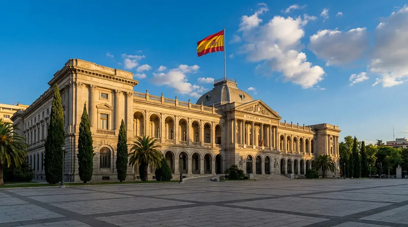 Edificio oficial con bandera de España simbolizando regulación del juego